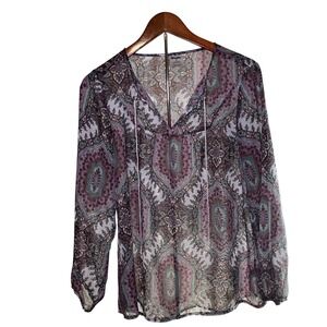 Wrangler Women's Size Medium Boho Paisley Print V Neck Tie Neck Blouse Top